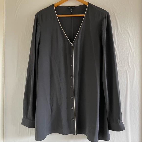 Eileen Fisher Gray Long Sleeve Silk Top Women’s Size L - Picture 1 of 10